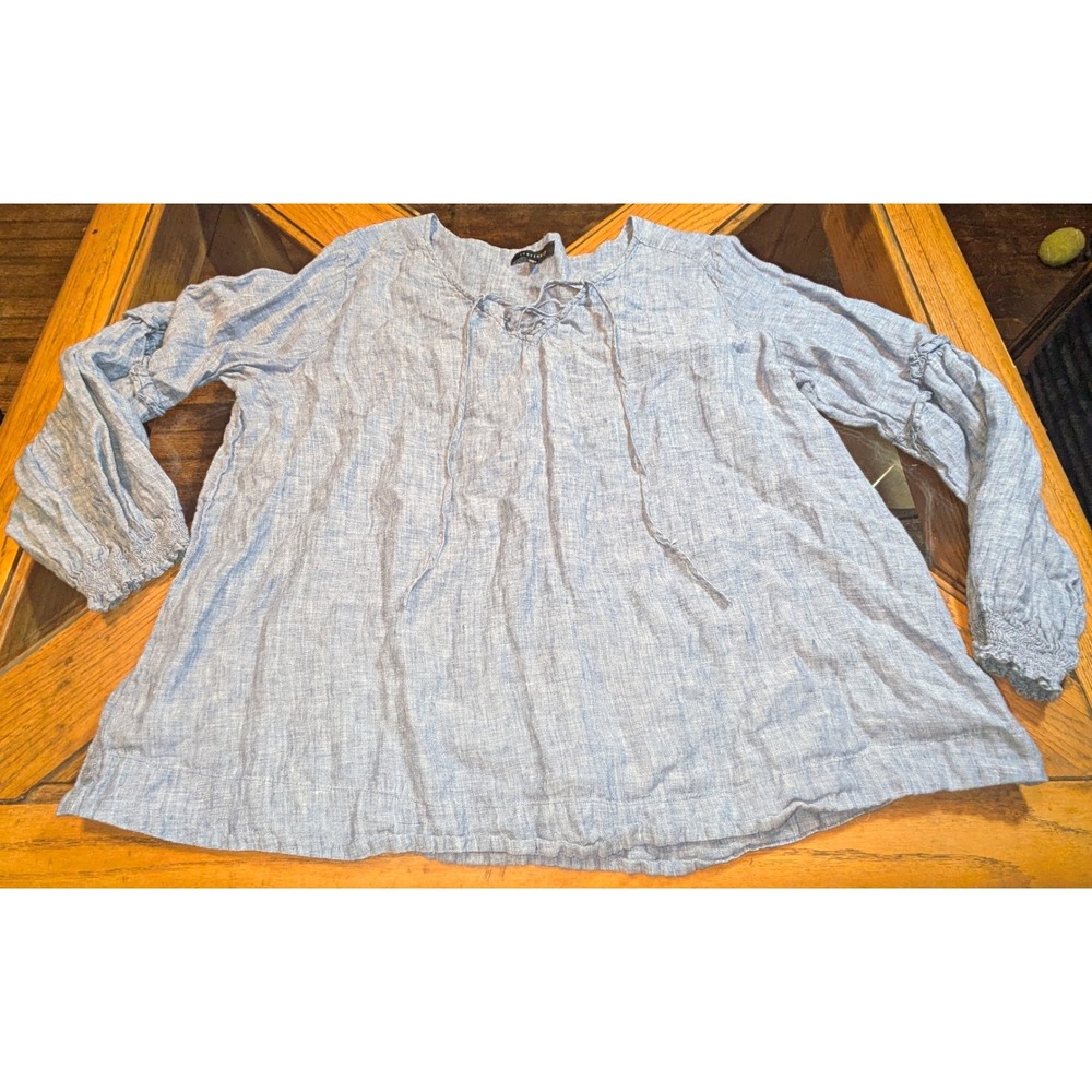 Sanctuary Women's 2X Blue Linen Woven Smocked Round Neck Pullover Blouse
